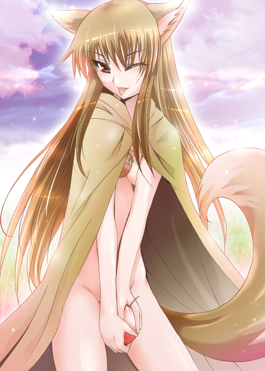 shiroi noria, holo, spice and wolf, 00s, 1girl, ;p, animal ears, apple, brown hair, cape, female focus, food, fruit, long hair, naked cape, nude, one eye closed, red eyes, solo, tail, tongue, tongue out, wink, wolf ears, wolf tail