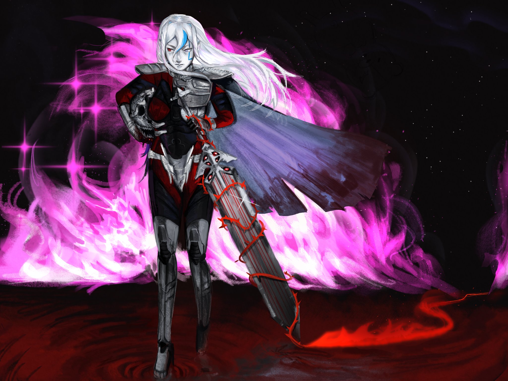 v'ehxness, the hundred line -last defense academy-, highres, 1girl, armor, blue hair, bodysuit, cape, facial mark, fire, gloves, gorget, helmet, heterochromia, holding, holding sword, holding weapon, long hair, multicolored hair, pink fire, pkiirplayer, purple eyes, red eyes, sword, unworn headwear, unworn helmet, weapon, white hair