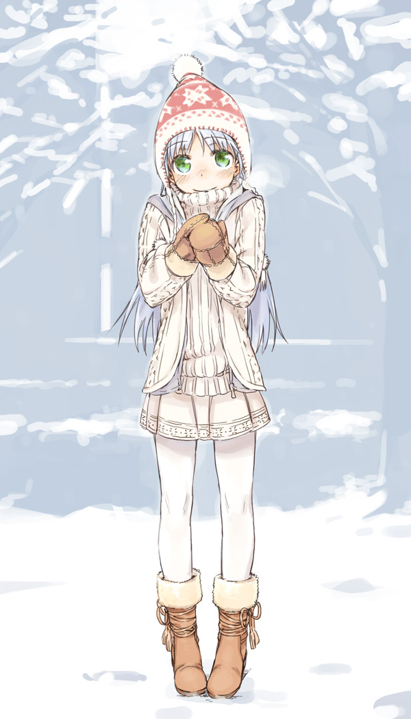 haimura kiyotaka, index (toaru majutsu no index), toaru majutsu no index, toaru majutsu no index: old testament, 00s, 1girl, beanie, blue hair, blush, boots, cold, earflap hat, female focus, full body, fur trim, gloves, green eyes, grey hair, hat, leggings, long hair, looking at viewer, mittens, pantyhose, skirt, smile, snow, solo, standing, sweater, white pantyhose, white skirt, winter, winter clothes