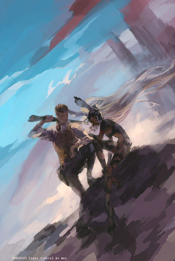mos, balflear, fran (ff12), final fantasy, final fantasy xii, ivalice alliance, 00s, 1boy, 1girl, animal ears, armor, couple, dark-skinned female, dark skin, day, ears through headwear, gun, helmet, hetero, kneeling, long hair, on one knee, outdoors, rabbit ears, short hair, sitting, very long hair, vest, viera, weapon, white hair, wind