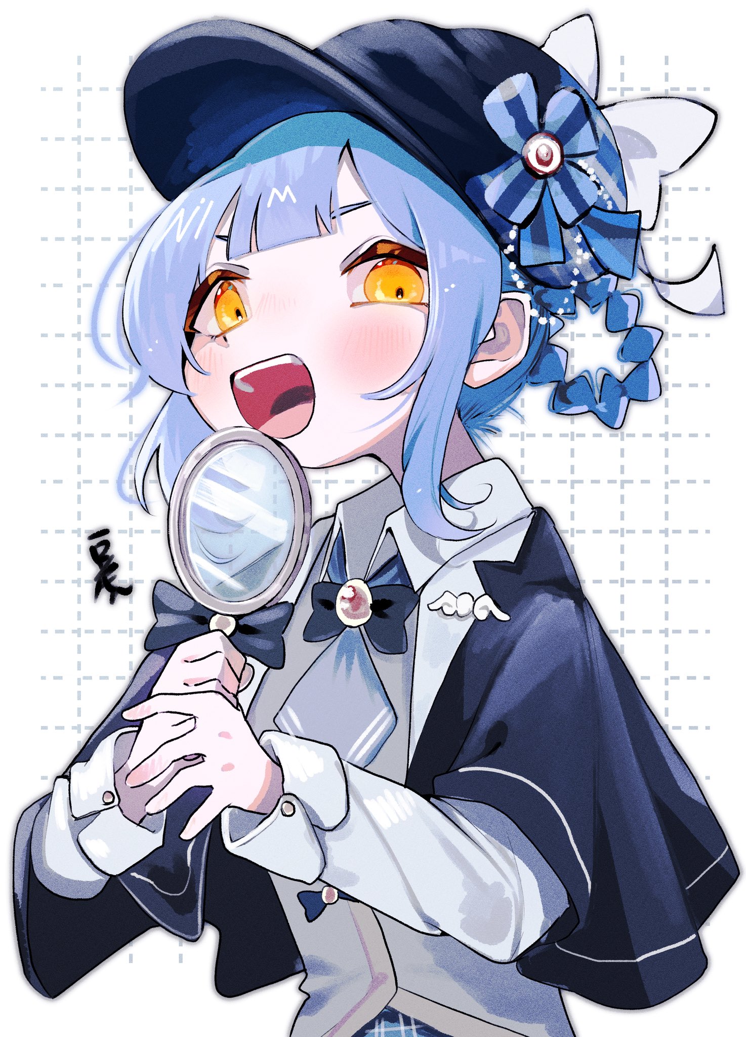 tachibana sherry, mahou shoujo no majo saiban, highres, 1girl, blue bow, blue capelet, blue hair, blush, bow, braid, braided hair rings, capelet, collared shirt, grid background, hair rings, hat, hat bow, holding, holding magnifying glass, jupter mon, long sleeves, looking at viewer, magnifying glass, necktie, open mouth, shirt, sidelocks, sleeve cuffs, solo, upper body, white shirt, yellow eyes