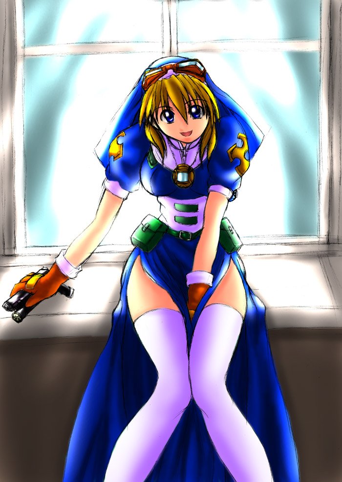 rosette christopher, chrno crusade, blonde hair, blue eyes, gun, nun, thighhighs, weapon