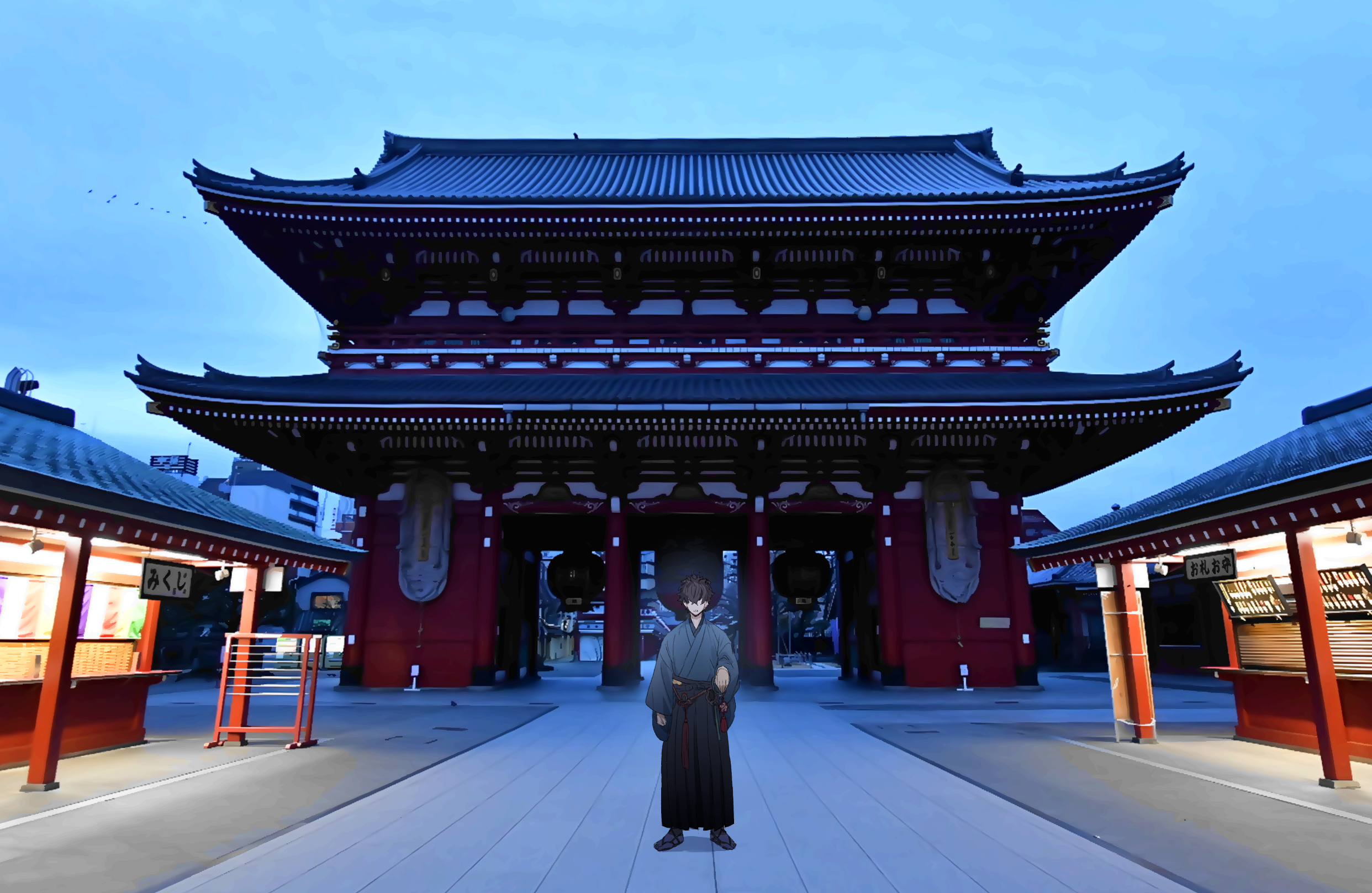 ninjin (ne f g o), miyamoto iori (fate), fate/samurai remnant, fate (series), commentary request, highres, translation request, 1boy, architecture, black hair, blue sky, east asian architecture, hair over eyes, japanese clothes, long sleeves, male focus, outdoors, photo background, real world location, scenery, sky, solo, standing, sword, weapon, wide shot