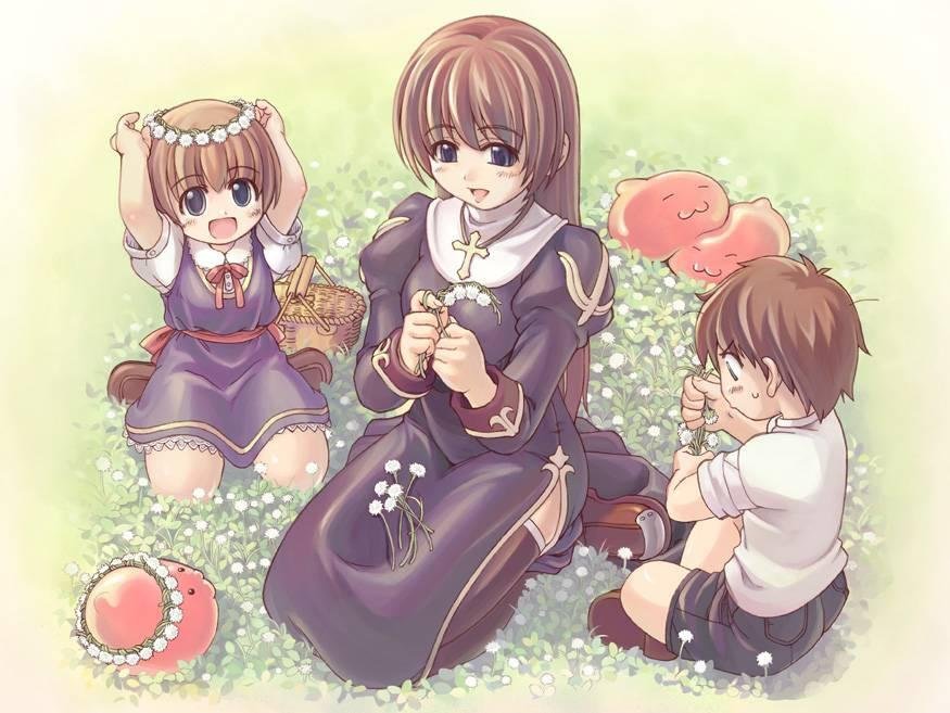 mil (xration), priest (ragnarok online), ragnarok online, tagme, blue eyes, brown hair, child, cross, family, nun, priest, thighhighs