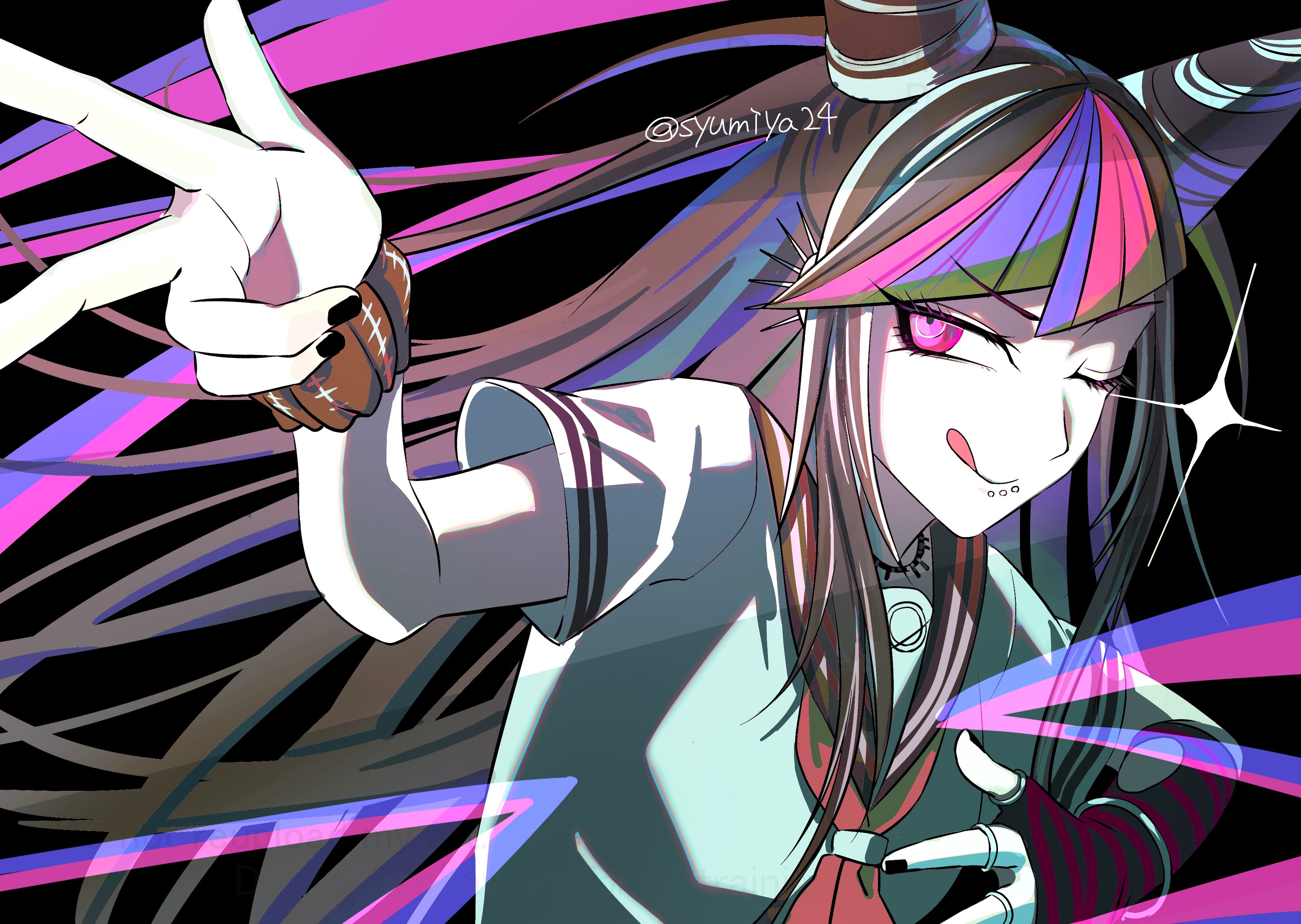 zhu gong, mioda ibuki, danganronpa (series), absurdres, highres, 1girl, ;p, arm warmers, black background, black hair, black nails, jewelry, long hair, multicolored hair, necklace, one eye closed, piercing, pink eyes, pink hair, purple hair, school uniform, signature, single arm warmer, sparkle, striped arm warmers, tongue, tongue out
