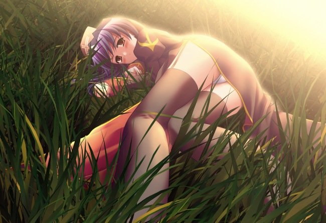 blue hair, blush, lying, nun, panties, thighhighs, underwear, upskirt