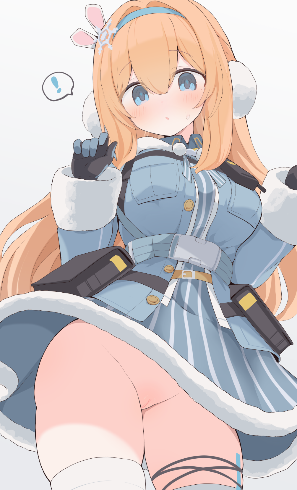 hone kawa, suomi (girls' frontline), suomi (girls' frontline 2), girls' frontline, girls' frontline 2: exilium, highres, non-web source, variant set, !, 1girl, black gloves, blonde hair, blue dress, blue gloves, blue hairband, blush, breasts, cowboy shot, dress, earmuffs, fur-trimmed dress, fur-trimmed sleeves, fur trim, gloves, hair between eyes, hair ornament, hairband, hands up, large breasts, long hair, looking at viewer, no panties, open mouth, pouch, pussy, simple background, snowflake hair ornament, solo, speech bubble, spoken exclamation mark, sweat, thighs, two-tone gloves, white background