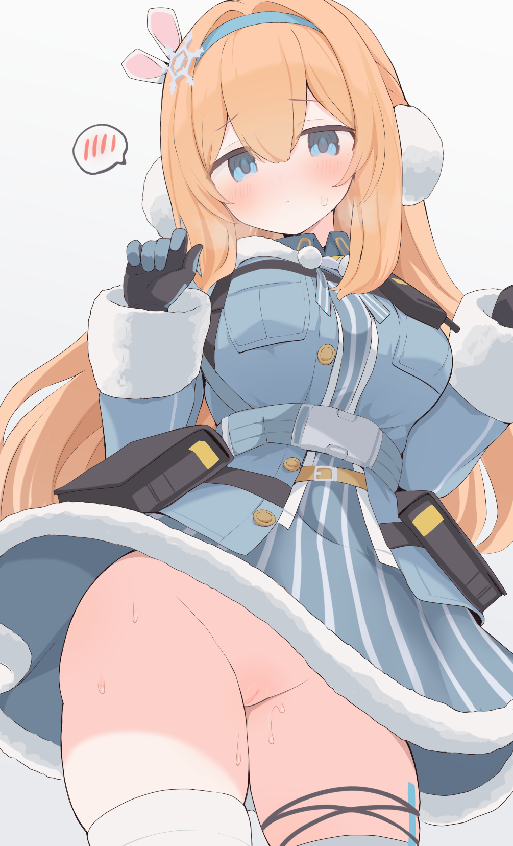 hone kawa, suomi (girls' frontline), suomi (girls' frontline 2), girls' frontline, girls' frontline 2: exilium, highres, non-web source, variant set, 1girl, black gloves, blonde hair, blue dress, blue gloves, blue hairband, blush, breasts, closed mouth, cowboy shot, dress, earmuffs, fur-trimmed dress, fur-trimmed sleeves, fur trim, gloves, hair between eyes, hair ornament, hairband, hands up, large breasts, long hair, looking at viewer, no panties, pouch, pussy, simple background, snowflake hair ornament, solo, speech bubble, spoken blush, sweat, thighs, two-tone gloves, white background
