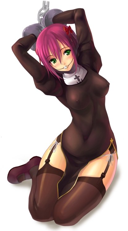 tagme, 1girl, bdsm, bondage, bound, breasts, cuffs, female focus, full body, gag, green eyes, nipples, nun, ribbon, see-through clothes, shackles, sitting, solo, thighhighs, white background