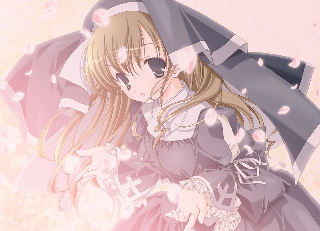 tagme, blue eyes, brown hair, cross, nun