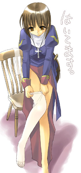 tagme, brown eyes, brown hair, nun, thighhighs