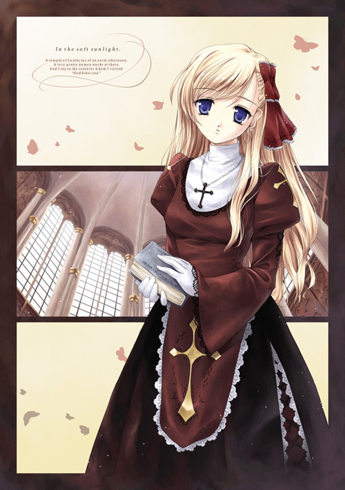 miyase mahiro, original, character request, source request, 1girl, blonde hair, blue eyes, book, bow, cross, dress, female focus, gloves, hair bow, hair ornament, long hair, nun, solo, white gloves