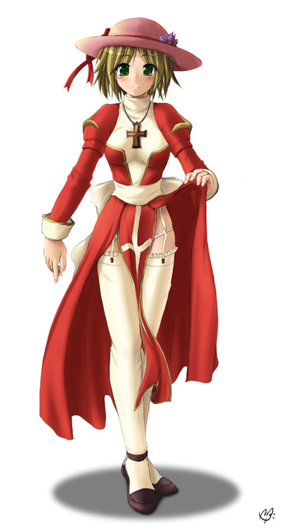high priest (ragnarok online), ragnarok online, blonde hair, clothes lift, cross, green eyes, hat, nun, skirt, skirt lift, thighhighs