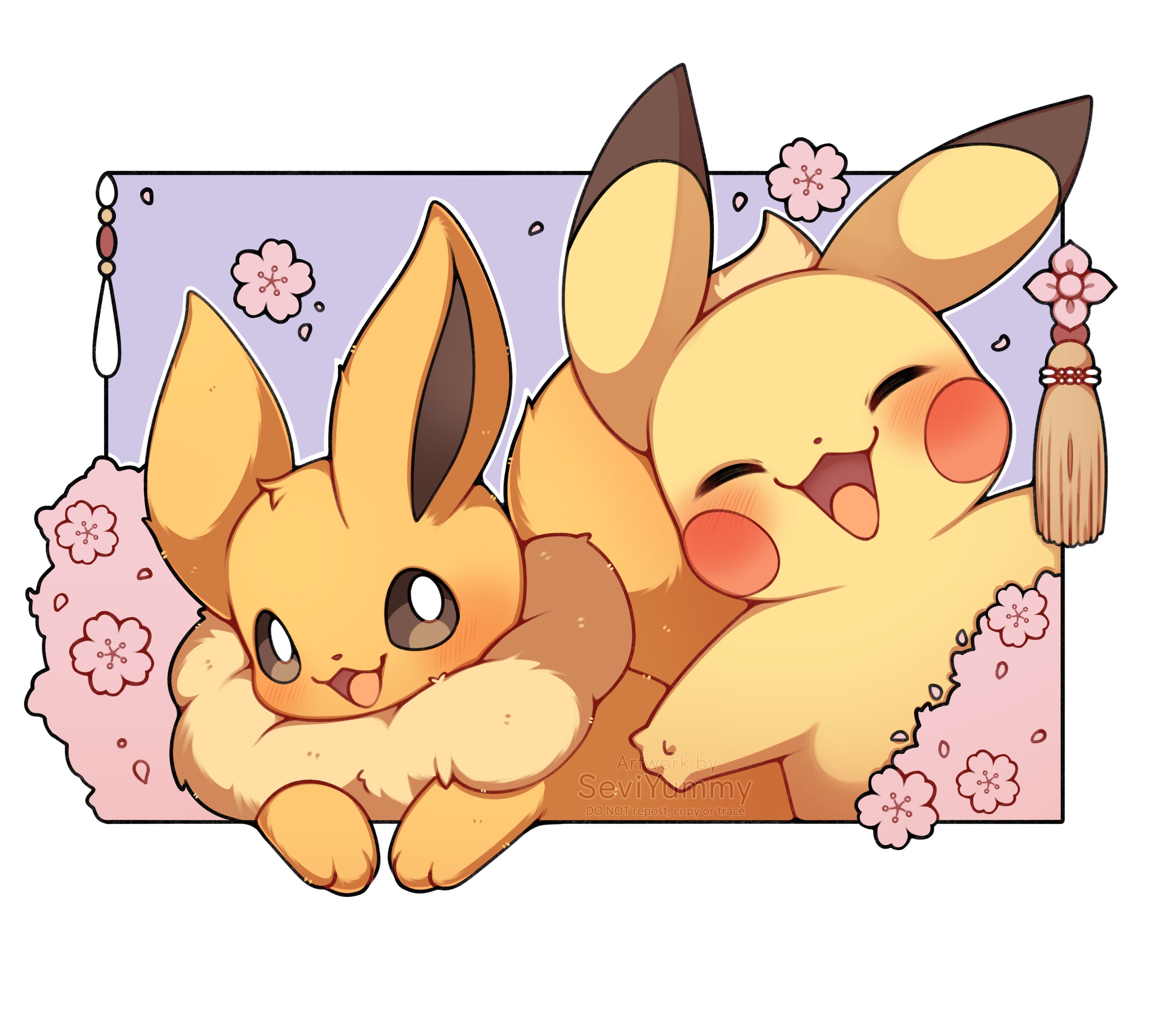 sevi (seviyummy), eevee, pikachu, nintendo, pokemon, absurdres, commentary, english commentary, highres, animal focus, blush, brown eyes, cherry blossoms, closed eyes, gen 1 pokemon, happy, open mouth, pokemon (creature), pokemon focus, smile, tassel