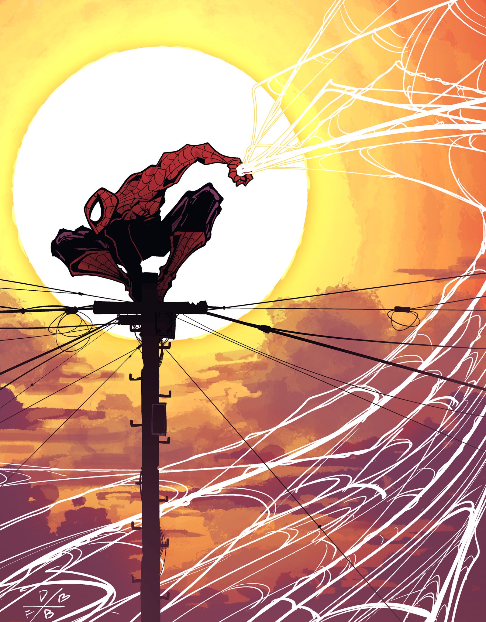 foreignbread, spider-man, marvel, spider-man (series), commentary, english commentary, highres, 1boy, bodysuit, cloud, cloudy sky, male focus, muscular, muscular male, orange sky, outdoors, pants, power lines, red mask, signature, silk, sky, solo, spider web, squatting, sun, sunset, superhero costume, utility pole