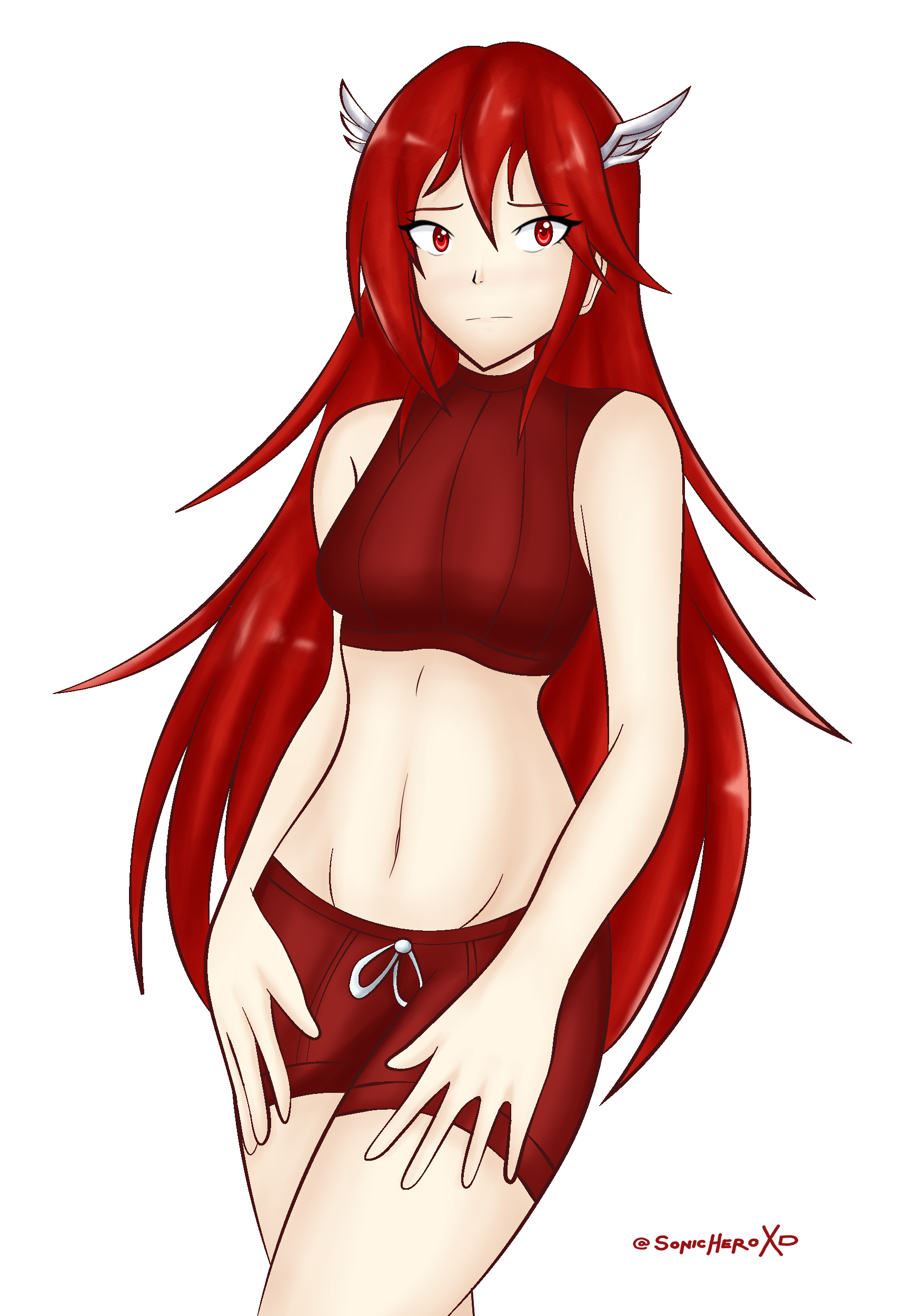 sonicheroxd, cordelia (fire emblem), fire emblem, fire emblem warriors, intelligent systems, nintendo, highres, 1girl, armor, armpit crease, bare arms, bare legs, boyshort panties, bra, breasts, broken armor, embarrassed, eyelashes, feather hair ornament, female focus, gameplay mechanics, groin, hair between eyes, hair ornament, hands on own thighs, legs, light blush, long hair, matching hair/eyes, matching underwear, medium breasts, midriff, navel, official alternate costume, official underwear, panties, red bra, red eyes, red hair, red panties, sidelocks, signature, simple background, sports bra, standing, stomach, thighs, underwear, underwear only, unworn clothes, white background