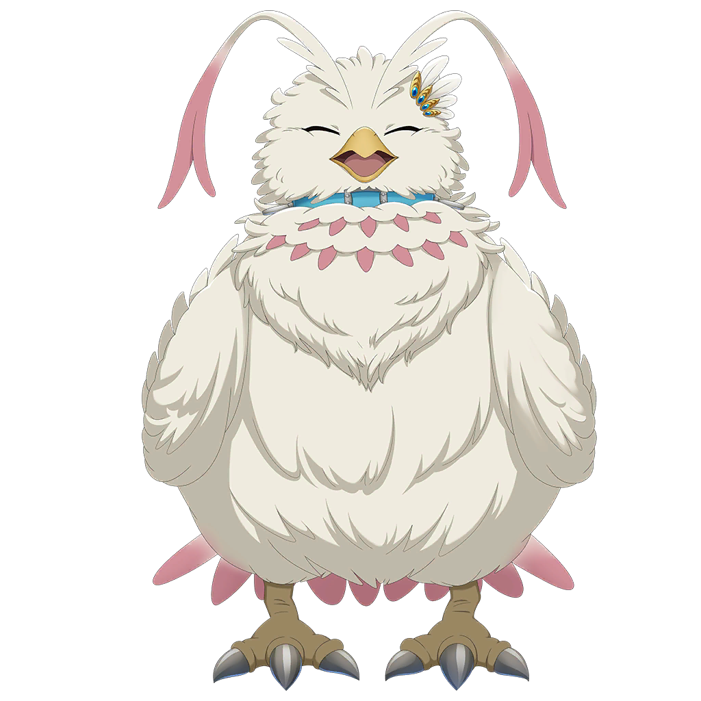 filo (filolial form) (tate no yuusha no nariagari), filo (tate no yuusha no nariagari), tate no yuusha no nariagari, tate no yuusha no nariagari rerise, artist request, game cg, official art, 1other, ^ ^, bird, blue collar, closed eyes, collar, facing viewer, feather hair ornament, feathers, filolial, full body, hair ornament, hairclip, no humans, simple background, smile, solo, straight-on, tachi-e, transparent background