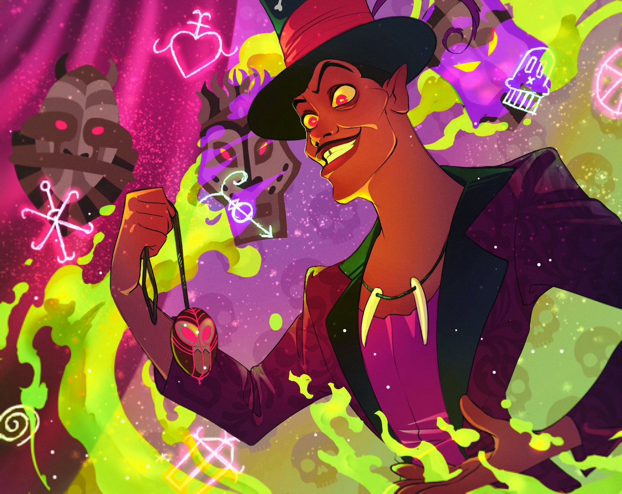 ri ri ri2, the princess and the frog (disney), highres, 1boy, amulet, black hair, dark skin, dr. facilier, hat, looking at viewer, male focus, open mouth, shirt, short hair, smile, solo, toon (style), top hat, voodoo