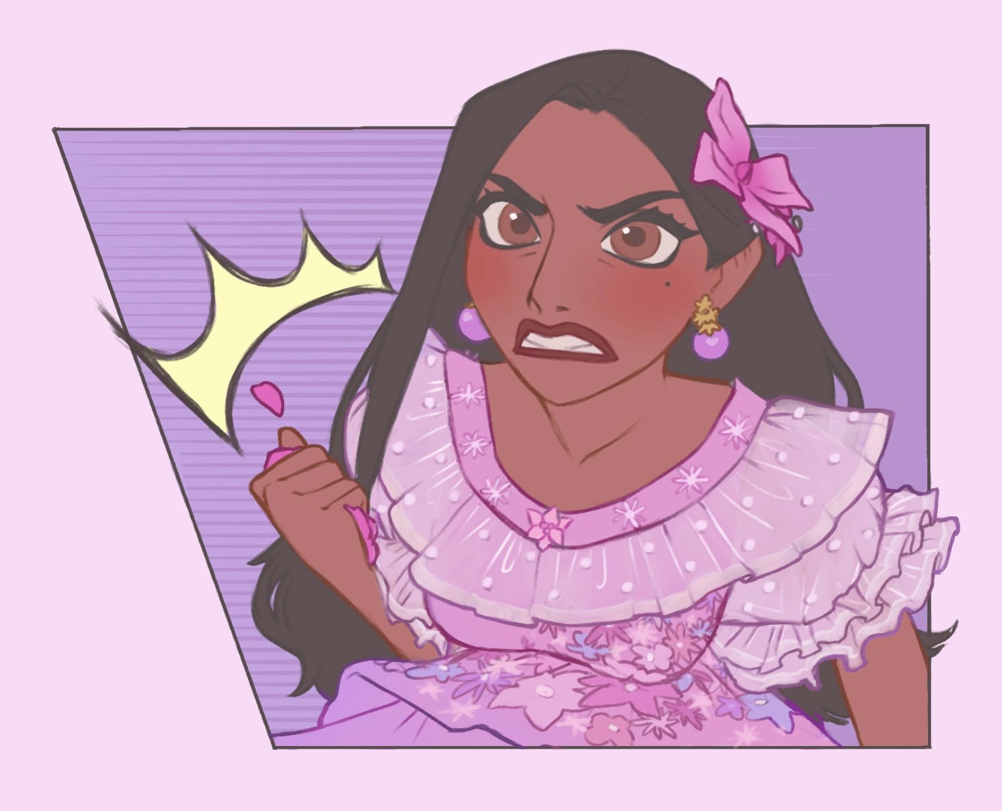 ri ri ri2, isabela madrigal, encanto, 1girl, brown eyes, brown hair, colombian clothes, dark-skinned female, dark skin, dress, earrings, flower, hair flower, hair ornament, jewelry, long hair, mole, mole under eye, purple dress, simple background, solo, very dark skin