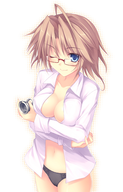 tateha (marvelous grace), 1girl, ahoge, arms under breasts, black panties, blue eyes, breasts, brown hair, cleavage, dress shirt, female focus, glasses, medium breasts, no pants, one eye closed, open clothes, open shirt, panties, shirt, short hair, solo, underwear, wink, yo-yo