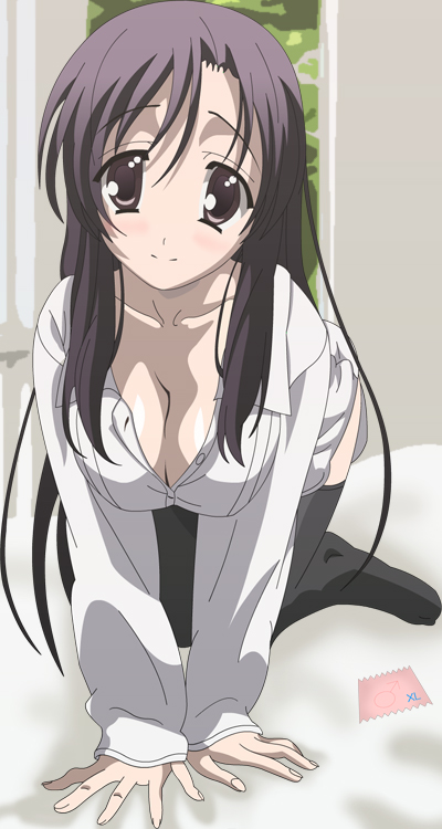 mobius01 skyeye (pixiv232792), tenchou no matsumoto, katsura kotonoha, school days, bad id, bad pixiv id, 00s, 1girl, all fours, black hair, blush, bottomless, breasts, brown eyes, cleavage, condom, female focus, large breasts, long hair, shirt, solo, thighhighs, very long hair