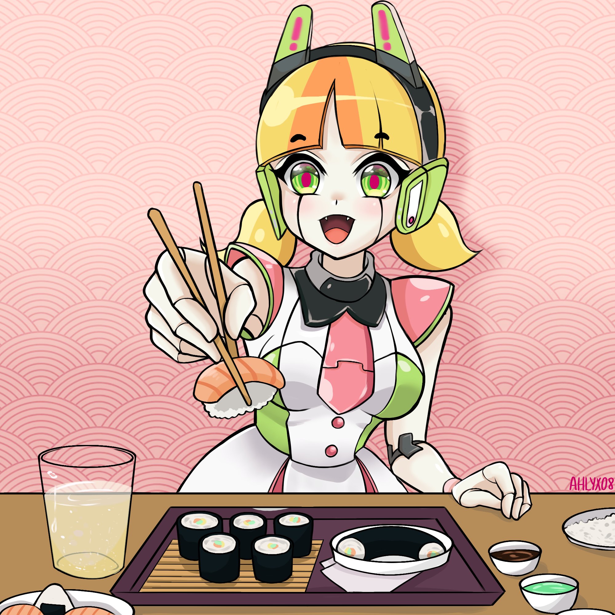 crush crush, highres, 1girl, ahlyx08, blonde hair, breasts, chopsticks, colored skin, fangs, food, green eyes, incoming food, makizushi, metal skin, odango (crush crush), onigiri, open mouth, rice, robot girl, short twintails, solo, soy sauce, sushi, twintails, wasabi, white skin