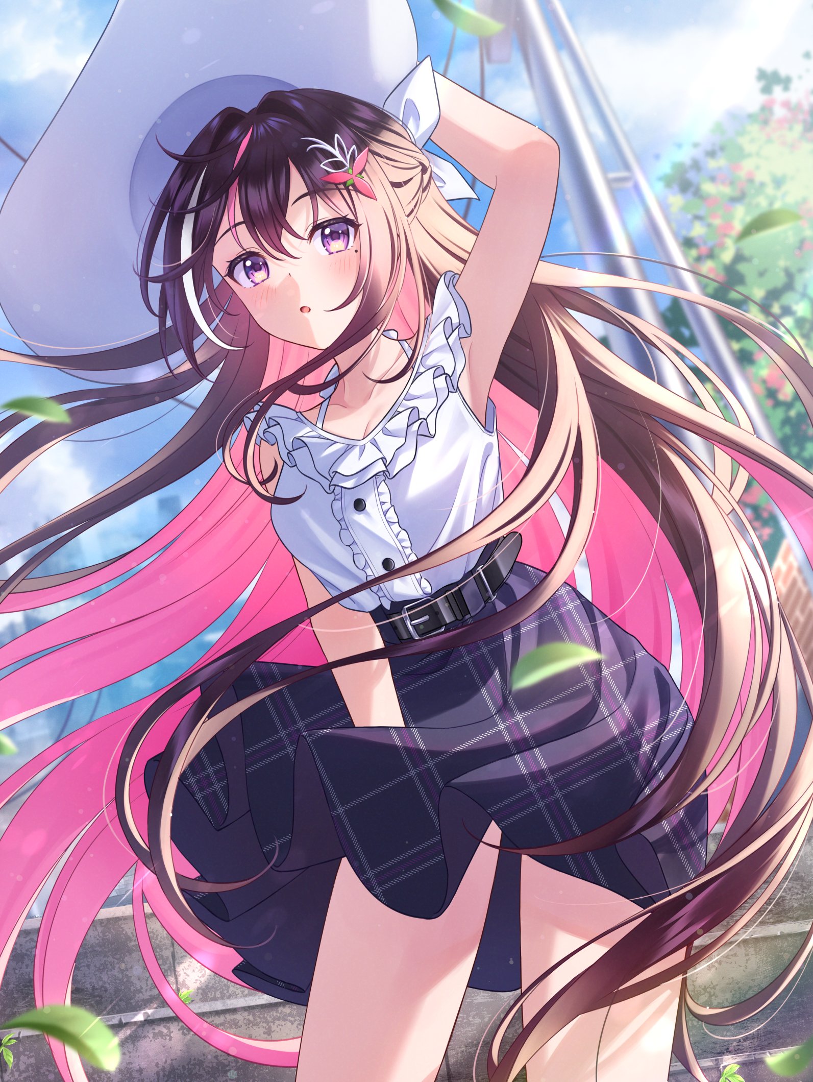 redpepperoni00, azki (hololive), hololive, commentary request, highres, 1girl, alternate costume, arm up, asymmetrical sidelocks, bare arms, belt, black belt, black hair, blurry, blurry background, center frills, colored inner hair, day, double-parted bangs, frilled shirt, frills, hair intakes, hair ornament, hairclip, half updo, hat, long hair, looking at viewer, mole, mole under eye, multicolored hair, open mouth, outdoors, pink hair, purple eyes, purple skirt, shirt, shirt tucked in, sidelocks, skirt, sleeveless, sleeveless shirt, solo, streaked hair, very long hair, virtual youtuber, white hair, white hat, white shirt, wide brim