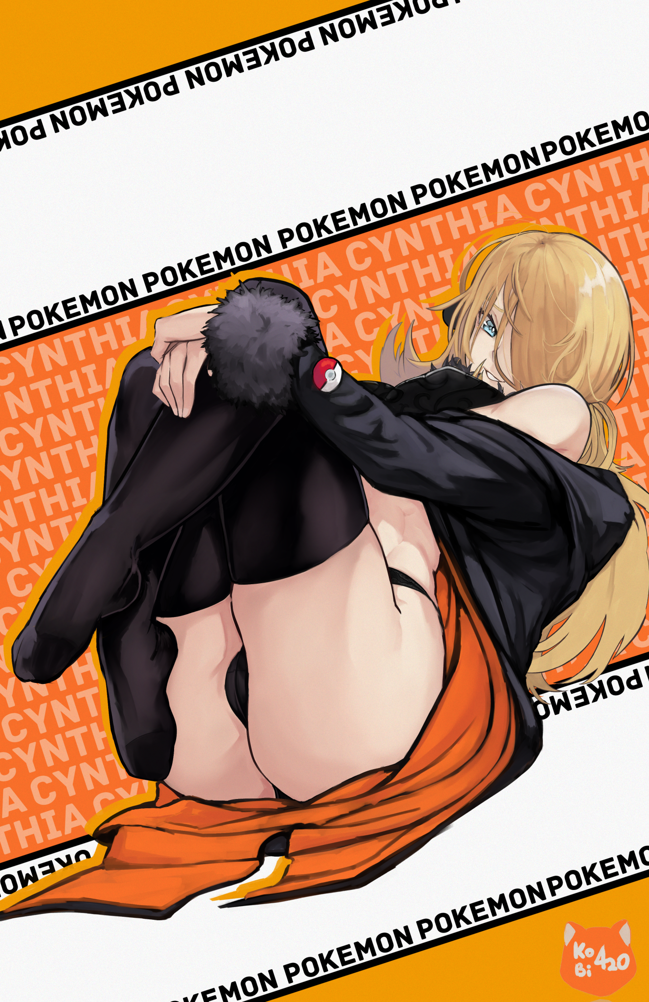 kobi420, cynthia (pokemon), nintendo, pokemon, pokemon dppt, commentary, english commentary, highres, 1girl, artist logo, artist name, ass, black jacket, black panties, black thighhighs, blonde hair, blue eyes, character name, copyright name, full body, hair over one eye, hands on own legs, jacket, knees up, logo, long hair, looking to the side, lying, on back, open clothes, open jacket, own hands together, panties, parted lips, poke ball, single bare shoulder, skindentation, smile, solo, thighhighs, underwear