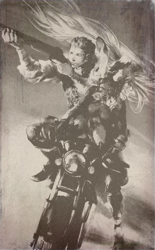 mos, balflear, fran (ff12), final fantasy, final fantasy xii, ivalice alliance, vehicle, 00s, 1boy, 1girl, aiming, animal ears, armor, enticer, gun, helmet, long hair, monochrome, motor vehicle, motorcycle, rabbit ears, sepia, short hair, very long hair, vest, viera, weapon, yamaha