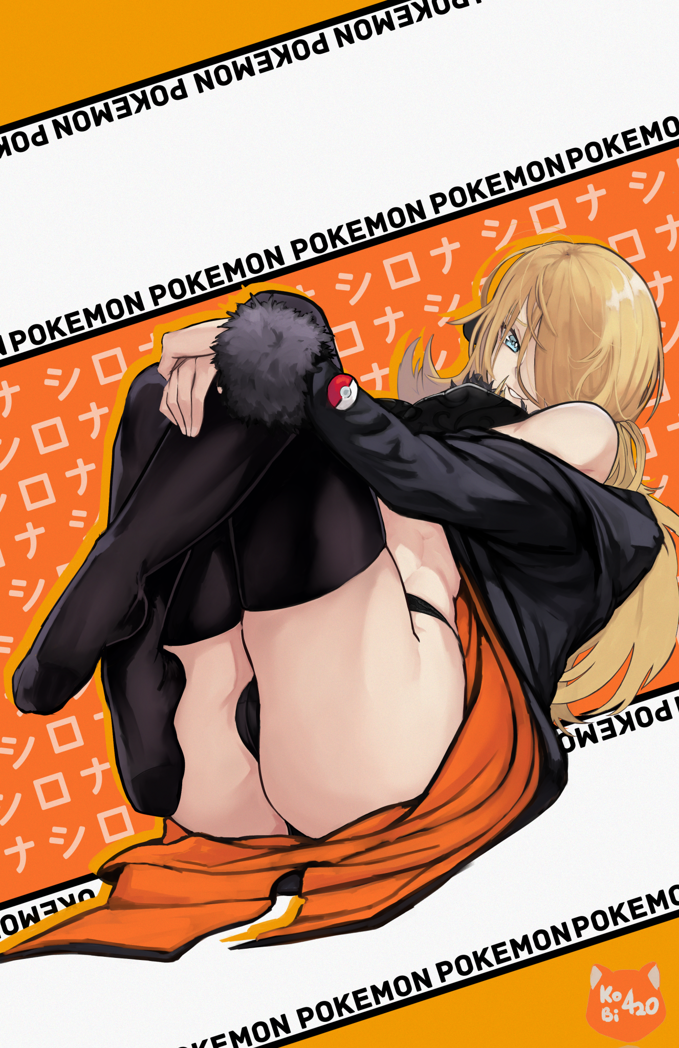 kobi420, cynthia (pokemon), nintendo, pokemon, pokemon dppt, alt text, commentary, english commentary, highres, 1girl, artist logo, artist name, ass, black jacket, black panties, black thighhighs, blonde hair, blue eyes, character name, copyright name, full body, hair over one eye, hands on own legs, jacket, knees up, logo, long hair, looking to the side, lying, on back, open clothes, open jacket, own hands together, panties, parted lips, poke ball, single bare shoulder, skindentation, smile, solo, thighhighs, underwear