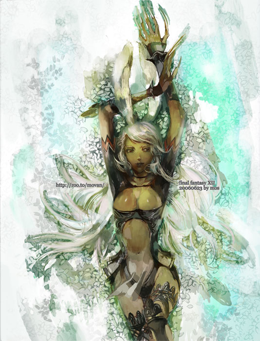 mos, fran (ff12), final fantasy, final fantasy xii, 00s, 1girl, animal ears, armor, breasts, dark-skinned female, dark skin, female focus, fingernails, long hair, nail (hardware), navel, rabbit ears, revealing clothes, solo, viera, white hair