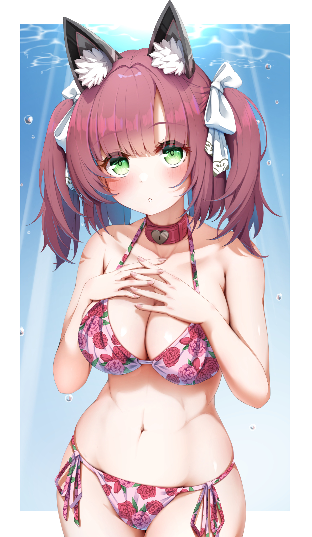 imo bouya, shiratsuyu (azur lane), shiratsuyu (retrofit) (azur lane), azur lane, commentary request, commission, highres, pixiv commission, 1girl, animal ears, bikini, blush, breasts, cleavage, collar, curious, floral print, flower, green eyes, groin, hair ribbon, hands on own chest, hands up, hip focus, large breasts, medium breasts, medium hair, navel, pink bikini, pink flower, pink hair, pink rose, print bikini, ribbon, rose, rose print, side-tie bikini bottom, solo, standing, staring, stomach, swimsuit, twintails, white ribbon