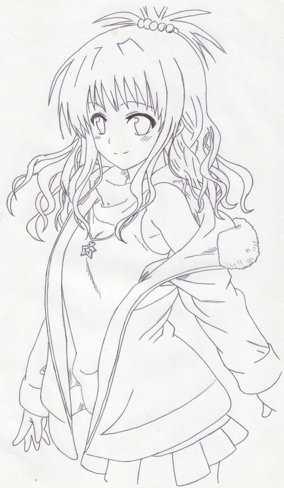 kurousu (pixiv323210), yuuki mikan, to love-ru, highres, 00s, coat, greyscale, jewelry, long hair, monochrome, necklace, ponytail, sketch, solo