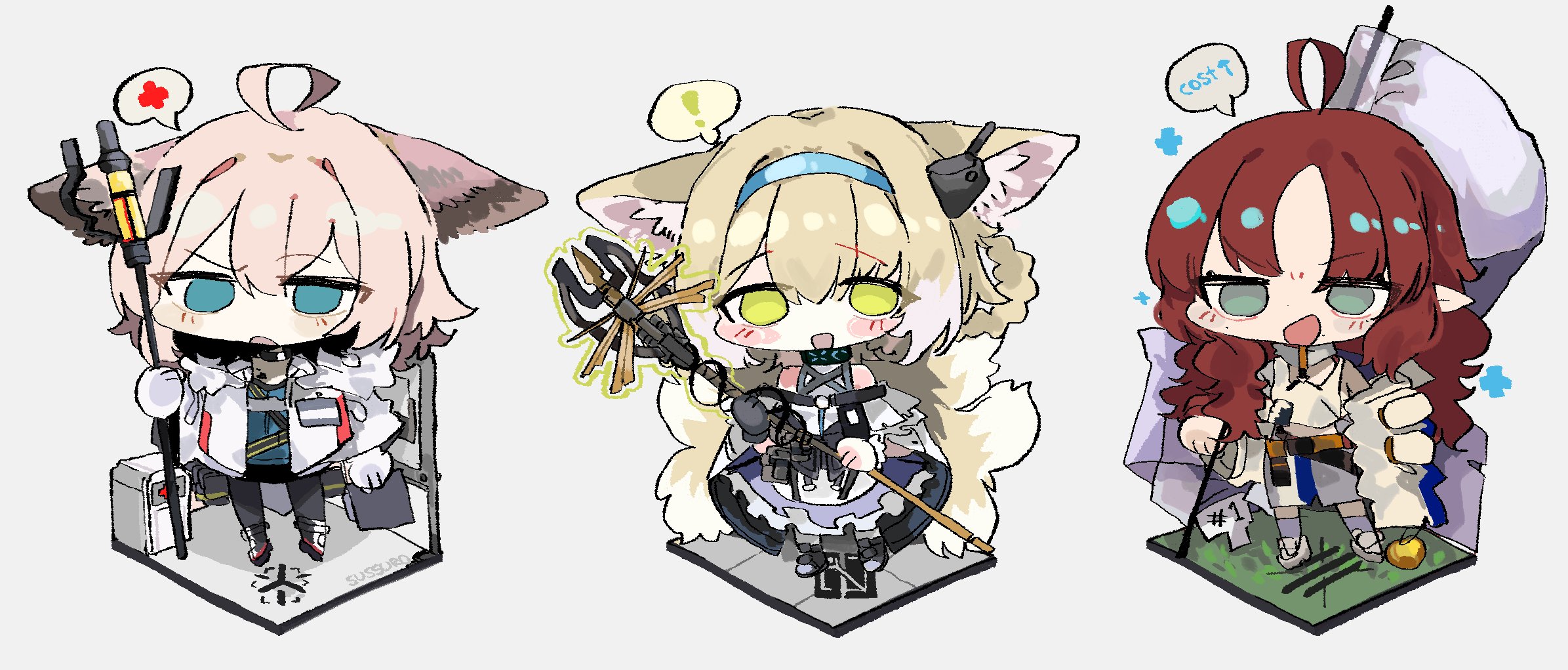 odmised, myrtle (arknights), sussurro (arknights), suzuran (arknights), arknights, highres, 3girls, ahoge, animal ears, apple, black gloves, blonde hair, blue eyes, blue hairband, blush, braid, chibi, earpiece, food, fox ears, fox girl, fox tail, fruit, gloves, golden apple, green eyes, hairband, holding, holding staff, kitsune, kyuubi, long hair, multiple girls, multiple tails, open mouth, pink hair, red hair, short hair, single glove, speech bubble, spoken red cross, staff, standing, tail, twin braids, white gloves