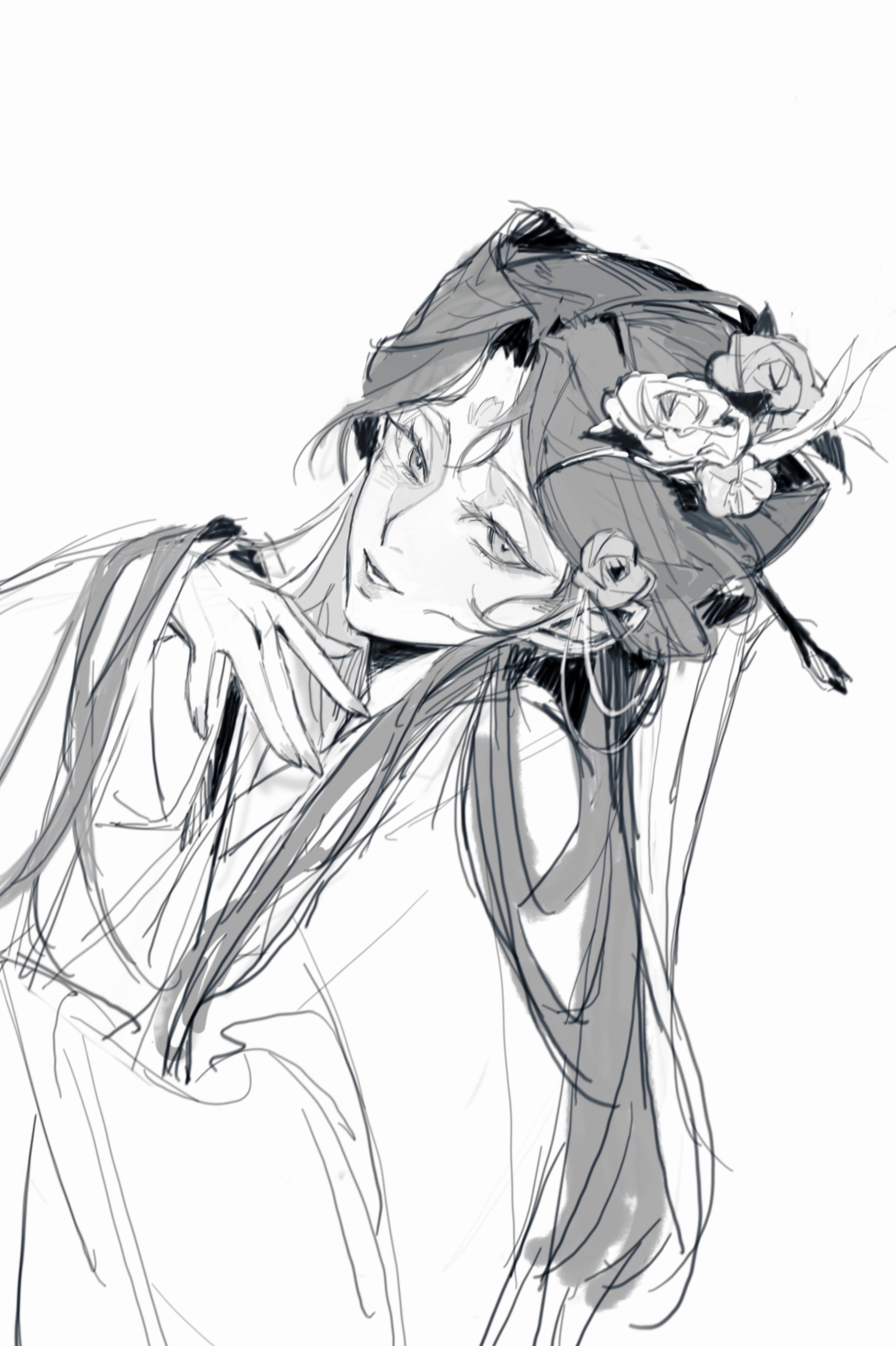 yingying (path to nowhere), path to nowhere, absurdres, highres, 1girl, chinese clothes, facial mark, flower, forehead, forehead mark, from side, greyscale, hair flower, hair ornament, hairpin, half updo, hand up, head back, looking at viewer, looking to the side, monochrome, open mouth, parted bangs, shashajitui bot, sidelocks tied back, sideways glance, simple background, solo, upper body