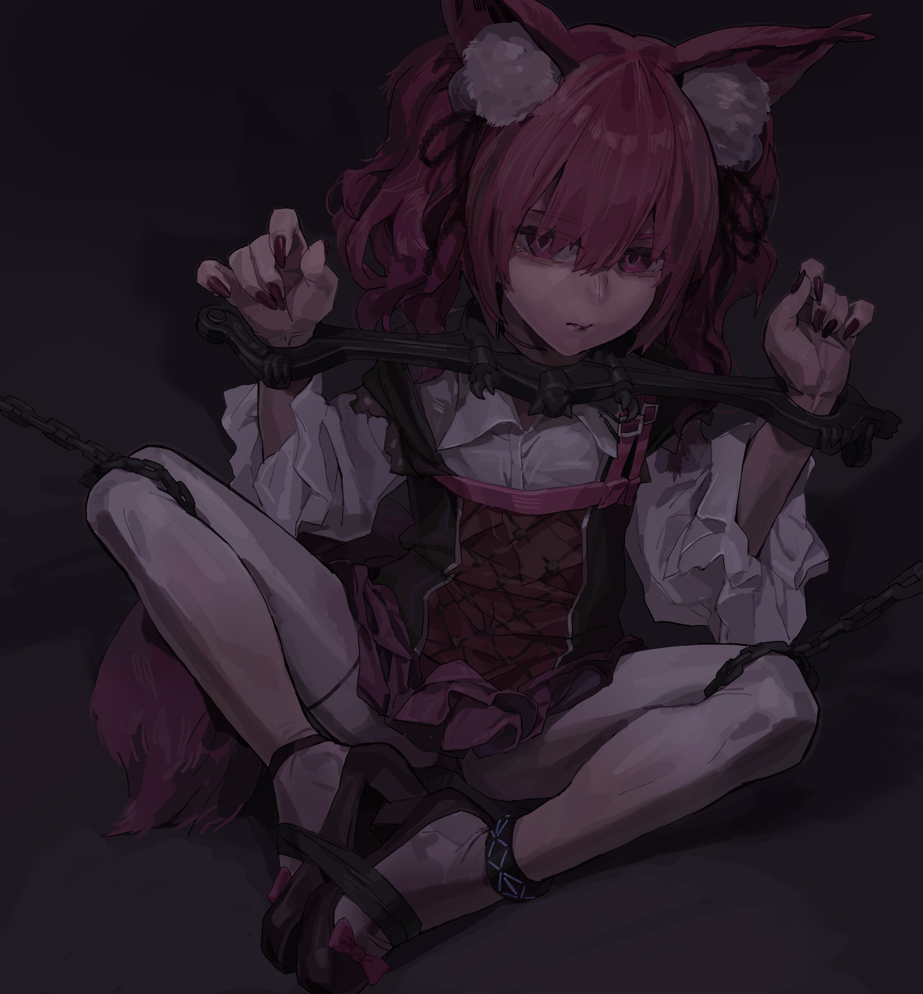 a tea, infection monitor (arknights), shamare (arknights), arknights, copyright request, highres, 1girl, animal ear fluff, animal ears, breasts, closed mouth, dress, fox ears, fox girl, fox tail, frilled dress, frilled sleeves, frills, hair ornament, high heels, long hair, looking at viewer, pantyhose, pillory, pink eyes, pink hair, red eyes, red hair, separated legs, shirt, sitting, small breasts, solo, tail, twintails, white pantyhose, white shirt