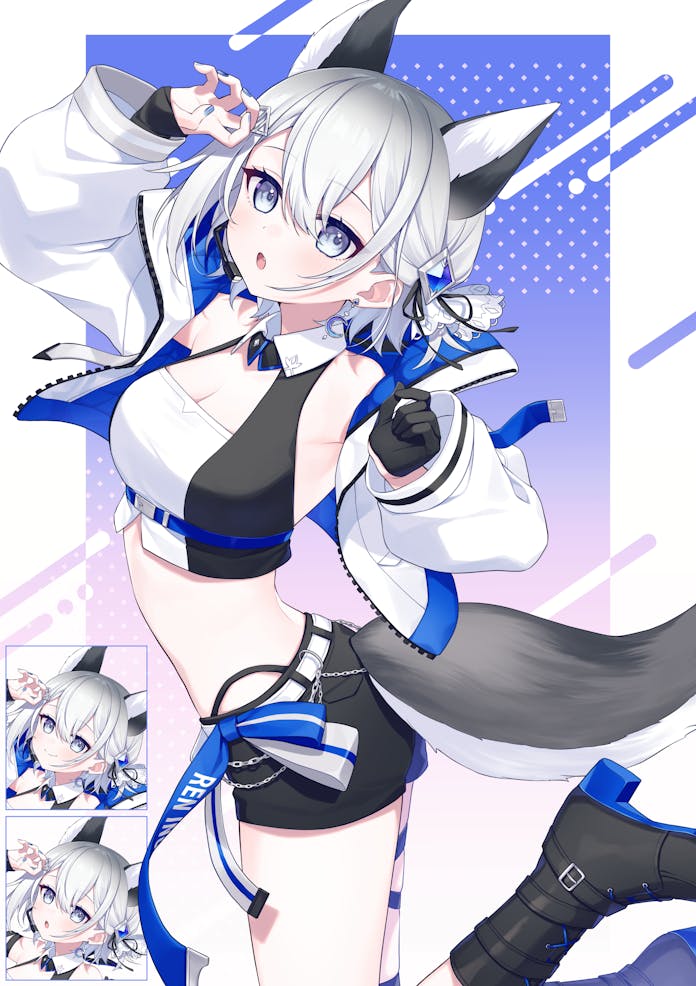 yamabukiiro, inuzuki ren, indie virtual youtuber, 1girl, animal ears, arm up, armpits, bare shoulders, black boots, black shorts, blue eyes, boots, collared shirt, crop top, cropped jacket, dog ears, dog tail, highleg, jacket, looking at viewer, midriff, multiple expressions, open clothes, open jacket, open mouth, panty straps, shirt, short hair, short shorts, shorts, sleeveless, sleeveless shirt, solo, tail, thighs, two-tone shirt, white hair, white jacket