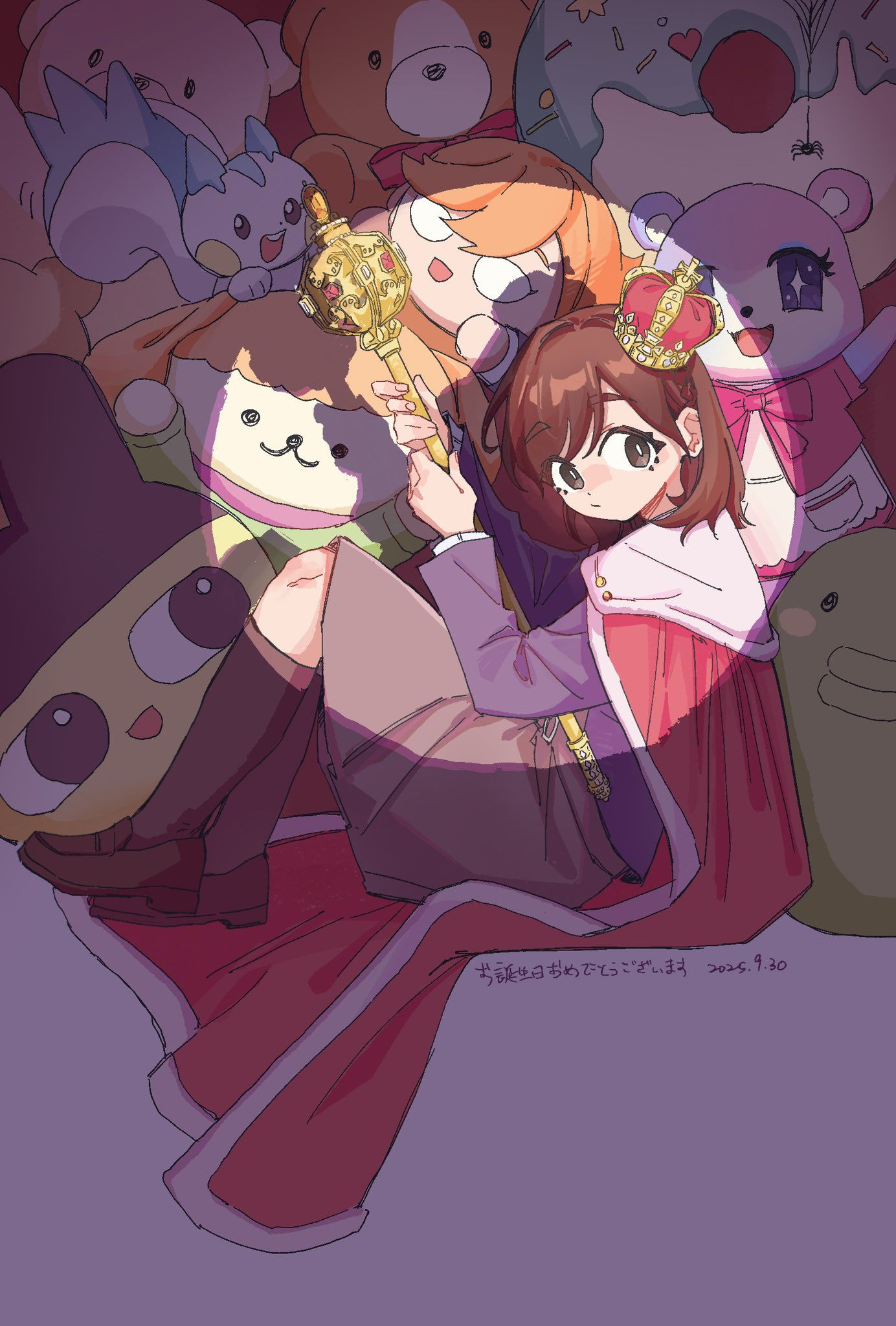 kawa (chuan kawa ), date sayuri, mametchi, pachirisu, shibuya kanon, love live!, love live! superstar!!, nintendo, pokemon, real life, tamagotchi, commentary request, highres, 1girl, animification, arched crown, blue shirt, brown hair, brown shoes, brown socks, cape, character doll, closed mouth, crown, doll, gen 4 pokemon, grey eyes, grey skirt, holding, holding staff, looking at viewer, medium hair, medium skirt, mini crown, nesoberi, pleated skirt, red cape, red crown, shirt, shoes, sitting, skirt, socks, solo, staff, stuffed animal, stuffed toy, teddy bear, voice actor, voice actor connection