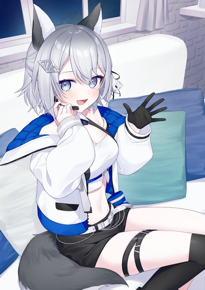 yamabukiiro, inuzuki ren, indie virtual youtuber, commission, skeb commission, 1girl, animal ears, bare shoulders, belt, black shorts, blue eyes, breasts, cleavage, crop top, dog ears, dog tail, gloves, grey hair, hands up, jacket, looking at viewer, medium breasts, mimikaki, navel, off shoulder, open clothes, open jacket, open mouth, shirt, short hair, short shorts, shorts, single glove, single thighhigh, sitting, sleeveless, sleeveless shirt, smile, solo, stomach, tail, thighhighs, thighs, two-tone shirt, virtual youtuber, white jacket