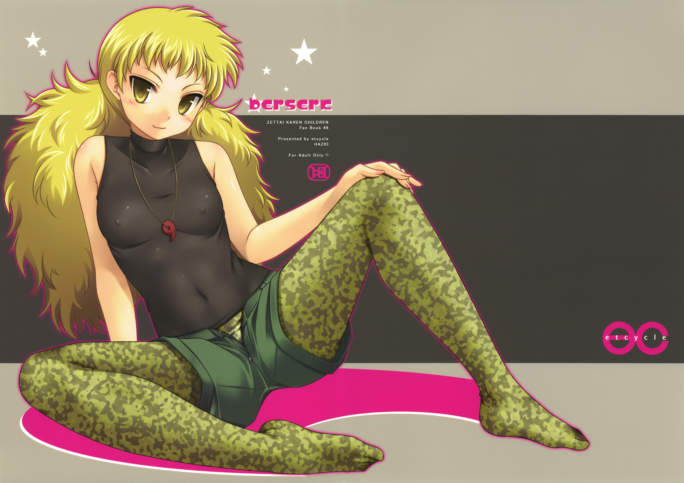 hazuki (etcxetc), inugami hatsune, zettai karen children, highres, 00s, 1girl, bare shoulders, blonde hair, breasts, camouflage, covered erect nipples, feet, female focus, long hair, magatama, open fly, pantyhose, pantyhose under shorts, print pantyhose, shorts, small breasts, solo, tank top, turtleneck, unzipped, yellow eyes
