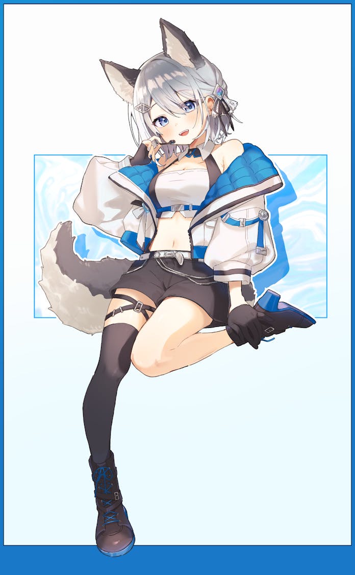 uminokaisen, inuzuki ren, indie virtual youtuber, commission, skeb commission, 1girl, animal ears, bare shoulders, black boots, black shorts, blue eyes, boots, breasts, collared shirt, crop top, dog ears, dog tail, extra ears, gloves, grey hair, hand up, jacket, long sleeves, looking at viewer, medium breasts, midriff, navel, off shoulder, open clothes, open jacket, open mouth, puffy long sleeves, puffy sleeves, shirt, short hair, short shorts, shorts, single glove, single thighhigh, sleeveless, sleeveless shirt, smile, solo, stomach, tail, thighhighs, two-tone shirt, virtual youtuber, white jacket