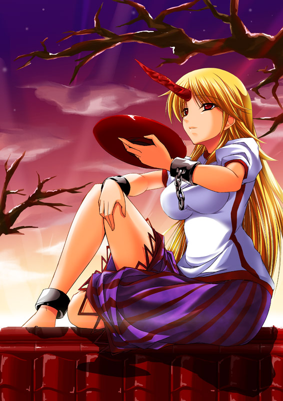 maho (yakimorokoshi), mashuu (masyu), hoshiguma yuugi, touhou, 1girl, blonde hair, breasts, cup, female focus, horns, long hair, medium breasts, sakazuki, single horn, solo