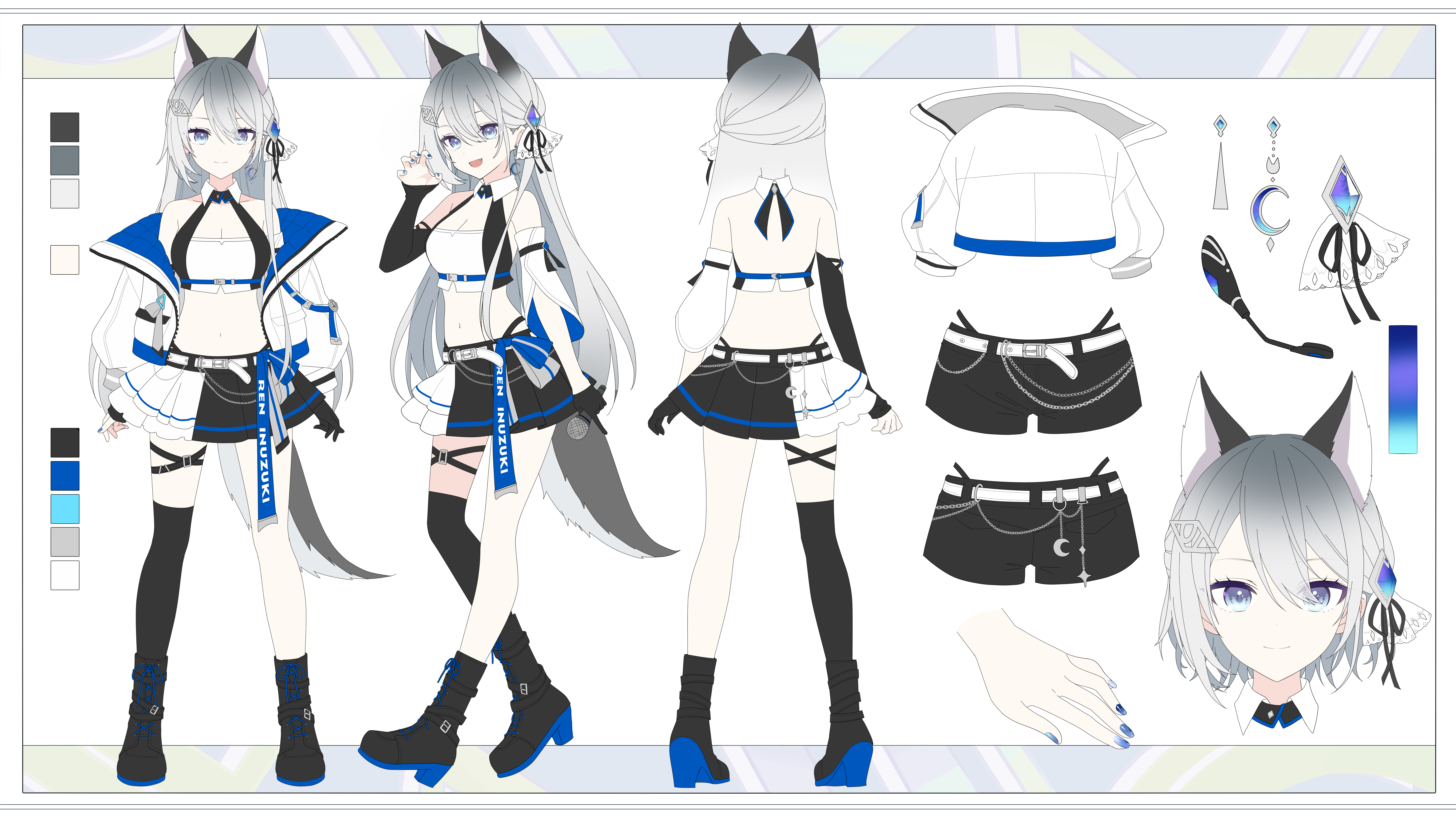 memeno, inuzuki ren, indie virtual youtuber, absurdres, highres, 1girl, animal ears, bare shoulders, belt, black boots, black skirt, blue eyes, boots, breasts, claw pose, cleavage, collared shirt, crop top, detached sleeves, dog ears, dog girl, dog tail, gradient hair, hand up, highleg, jacket, long hair, looking at viewer, medium breasts, midriff, miniskirt, multicolored hair, multiple views, navel, off shoulder, open mouth, panty straps, pleated skirt, reference sheet, shirt, short shorts, shorts, single thighhigh, skirt, sleeveless, sleeveless shirt, smile, stomach, tail, thighhighs, two-tone shirt, very long hair, virtual youtuber, white hair, white jacket, white shirt