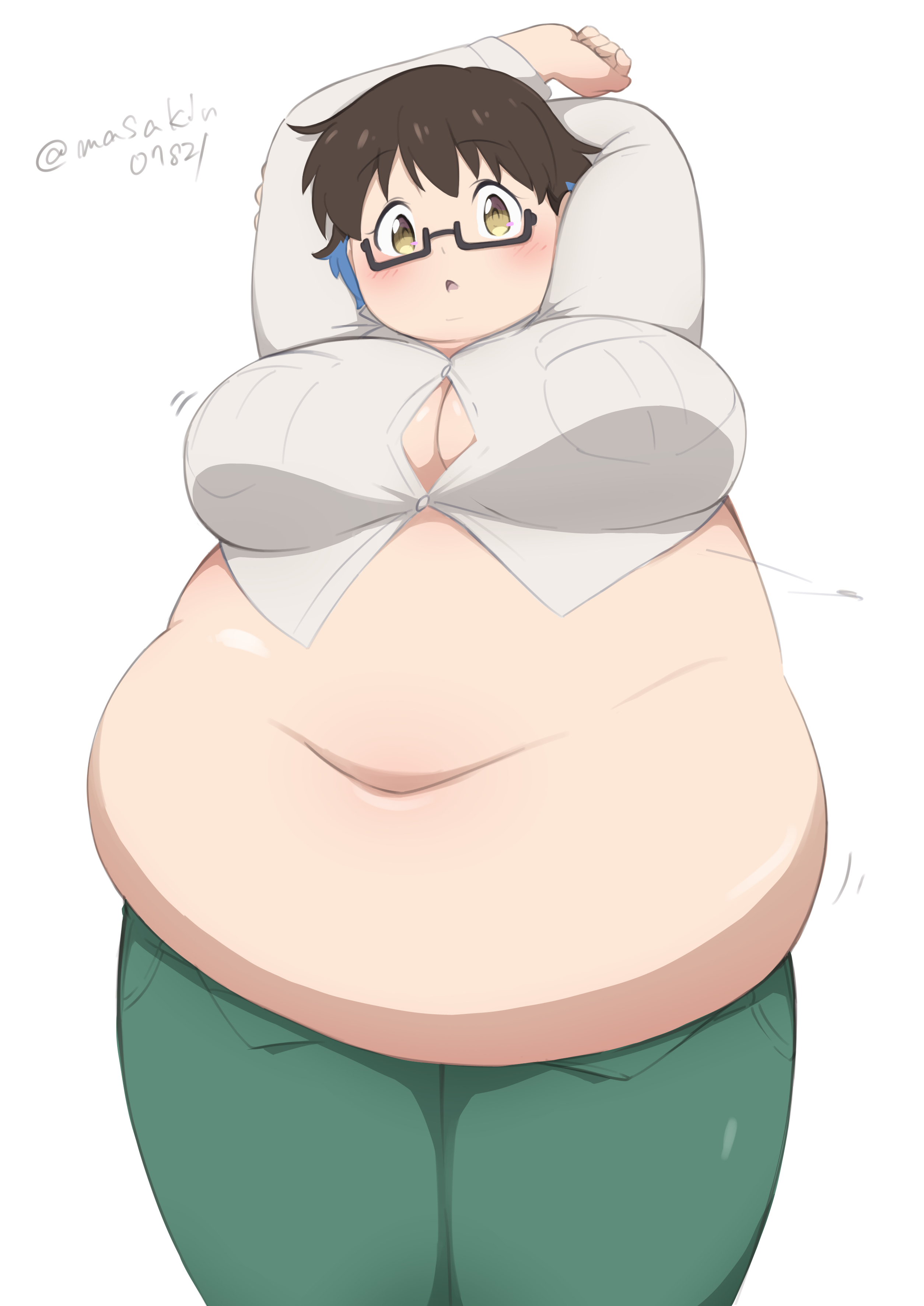 masakin, imari youko, ruri no houseki, absurdres, highres, 1girl, alternate body size, belly, blue hair, breasts, brown eyes, brown hair, button gap, cleavage, fat, glasses, navel, plump, semi-rimless eyewear, short hair, solo, white background