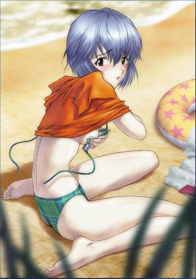 utatane hiroyuki, ayanami rei, neon genesis evangelion, untied, jpeg artifacts, official art, 1girl, :o, ass, back, barefoot, beach, bikini, bikini under clothes, blue hair, blurry, blush, breasts, clothes lift, covering breasts, covering privates, day, depth of field, feet, female focus, flat ass, gainax calendar, green bikini, hair between eyes, innertube, leaf, leaning forward, looking at viewer, looking back, medium breasts, no pants, on ground, open mouth, outdoors, pale skin, plaid bikini, plaid clothes, profile, red eyes, shadow, shirt, shirt lift, short hair, sideboob, sitting, soles, solo, spread legs, star (symbol), string bikini, swim ring, swimsuit, swimsuit under clothes, t-shirt, toes, towel, undressing, wariza, water