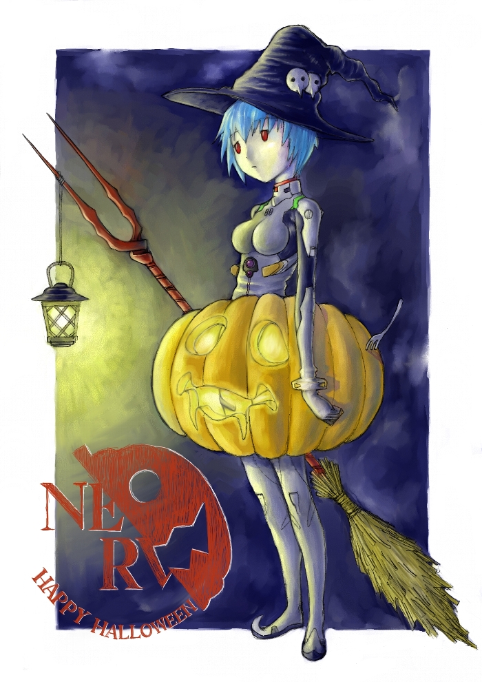 ayanami rei, neon genesis evangelion, 1girl, bident, blue hair, broom, female focus, fork, halloween, happy halloween, jack-o'-lantern, lance of longinus (evangelion), mecha pilot suit, pale skin, plugsuit (evangelion), polearm, pumpkin, pumpkin costume, red eyes, short hair, solo, weapon