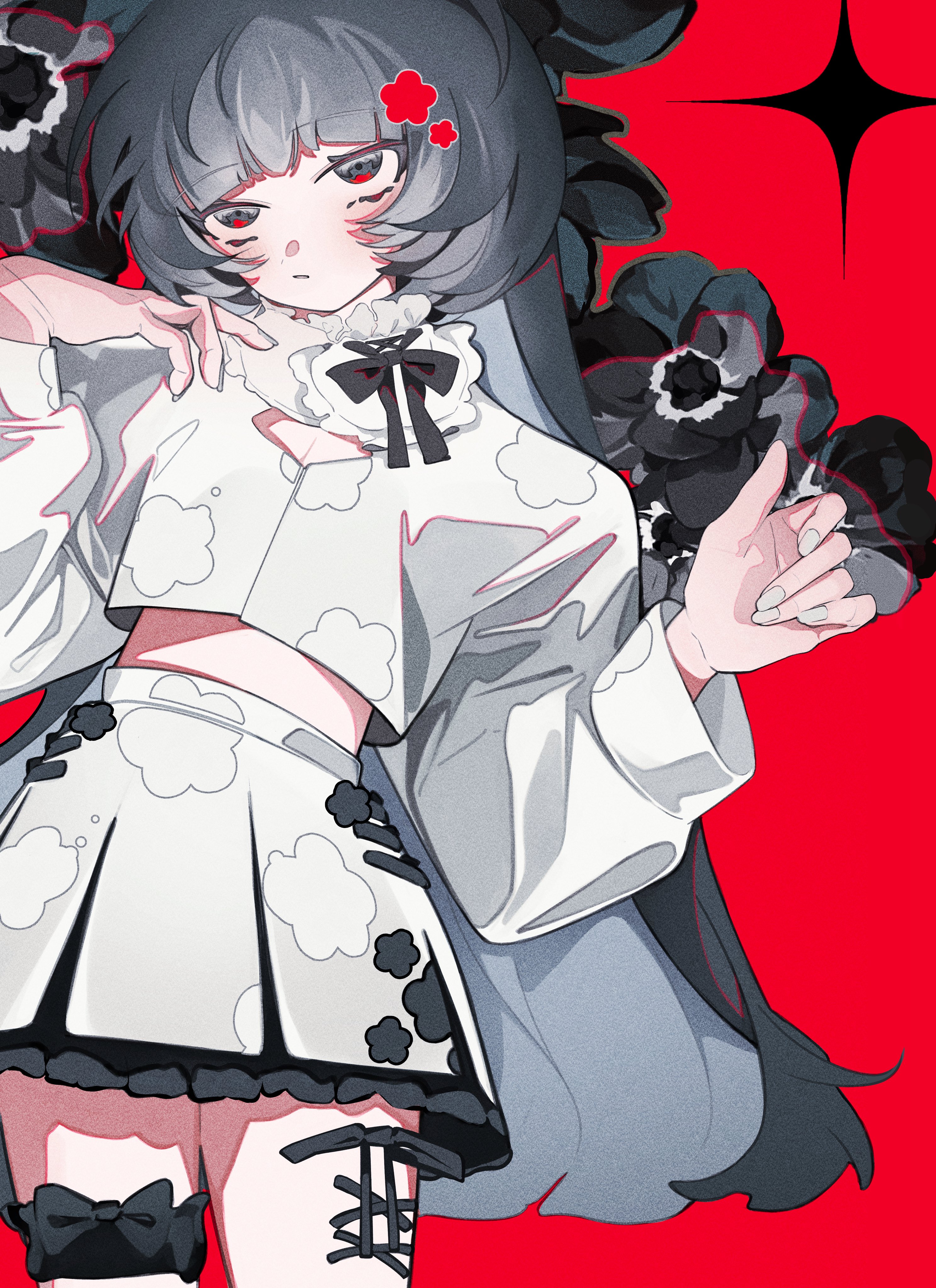 toasu, original, absurdres, commentary request, highres, 1girl, black bow, black bowtie, black flower, black ribbon, black rose, blunt bangs, bow, bowtie, breasts, cleavage, cleavage cutout, closed mouth, clothing cutout, crop top, cropped shirt, expressionless, facing viewer, film grain, flower, frills, full body, grey eyes, grey hair, hair flower, hair ornament, hand on own chest, hands up, head tilt, high-waist skirt, long hair, long sleeves, looking up, midriff, miniskirt, multicolored eyes, nail polish, no sclera, petticoat, pleated skirt, puffy long sleeves, puffy sleeves, red eyes, red flower, ribbon, rose, shirt, skirt, small breasts, solo, sparkle, standing, straight-on, thigh strap, two-tone eyes, very long hair, white nails, white shirt, white skirt