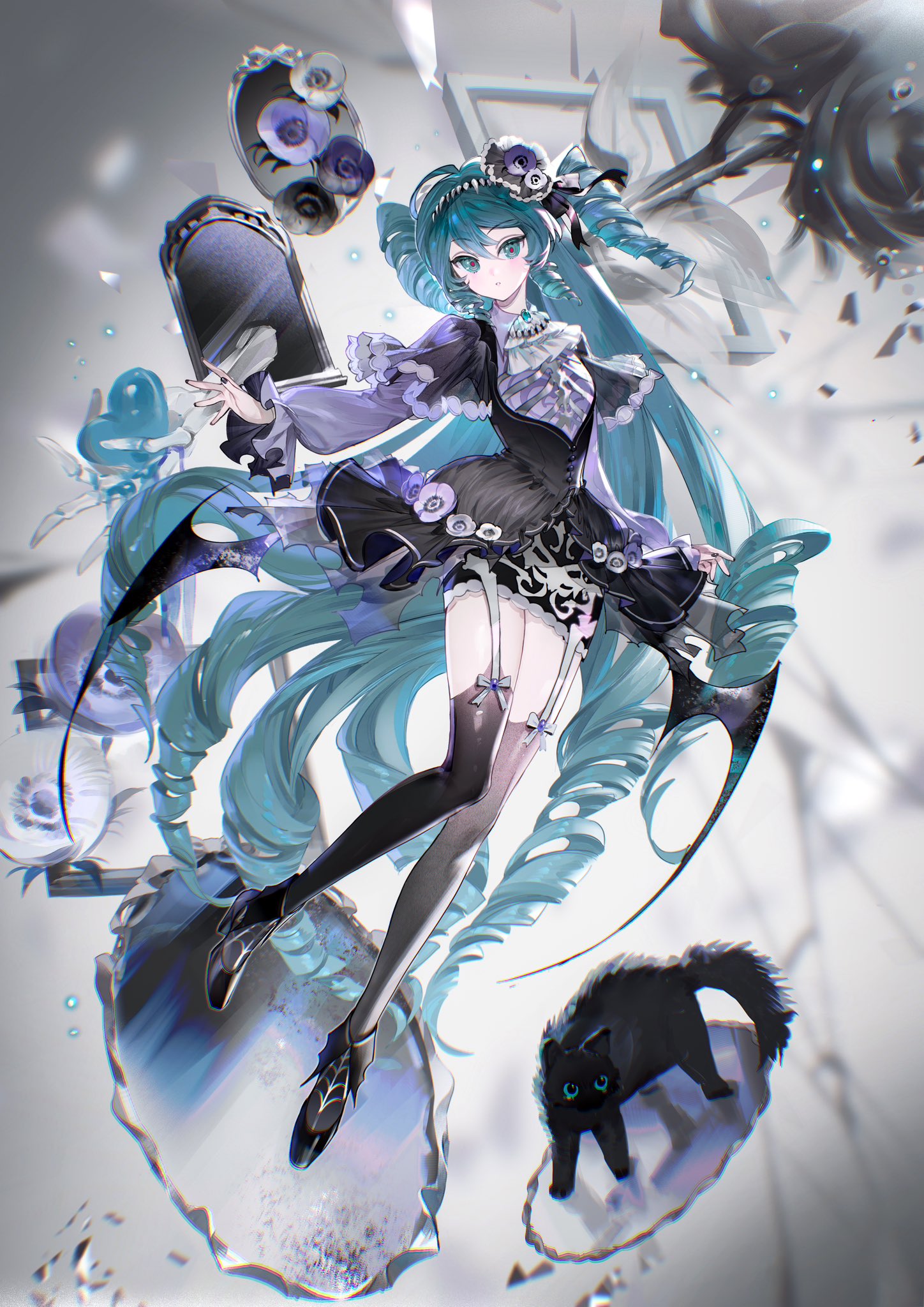 rumoon, hatsune miku, vocaloid, highres, 1girl, aqua eyes, aqua hair, ascot, black cat, black dress, black flower, black rose, black thighhighs, cat, dress, drill hair, floating, flower, frills, full body, garter straps, hair ornament, high heels, jewelry, lolita fashion, long hair, long sleeves, looking at viewer, low wings, mirror, ringlets, rose, solo, thighhighs, twin drills, very long hair, white ascot, wings