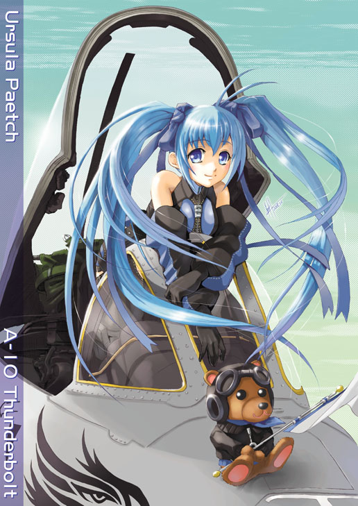 yuu (yuyukaikan), original, aircraft, airplane, blue eyes, blue hair, detached sleeves, hair ribbon, long hair, ribbon, stuffed animal, stuffed toy, teddy bear, twintails