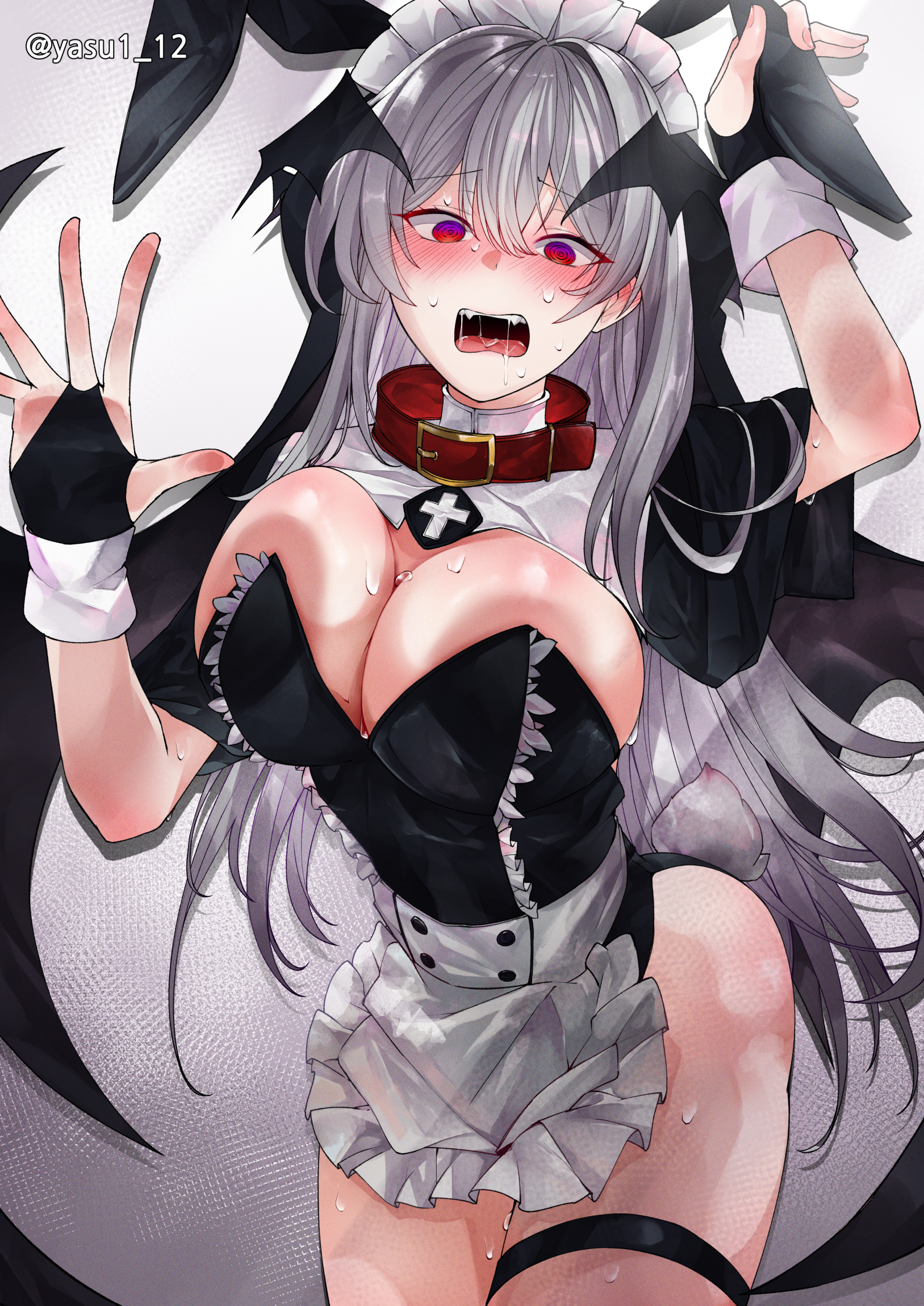 haagyu, original, highres, 1girl, @ @, against fourth wall, animal ear hairband, animal ears, apron, ass, black gloves, blush, breast press, breasts, bridal gauntlets, collar, demon girl, demon wings, double-parted bangs, facing viewer, fake animal ears, fake tail, fangs, flustered, furrowed brow, gloves, grey hair, guimpe, hair between eyes, hairband, hand on headwear, head wings, huge breasts, long hair, looking at viewer, maid, maid apron, maid headdress, maid leotard, nontraditional playboy bunny, rabbit ears, red collar, red eyes, saliva, saliva trail, solo, sweat, tail, teeth, thigh strap, unconventional maid, upper teeth only, veil, very long hair, white background, wings